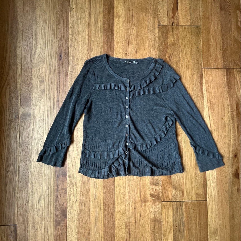 Nie + Zoe Grey Silk Linen Ruffle Cardigan Womens’s Sz XL Business Travel Cottage